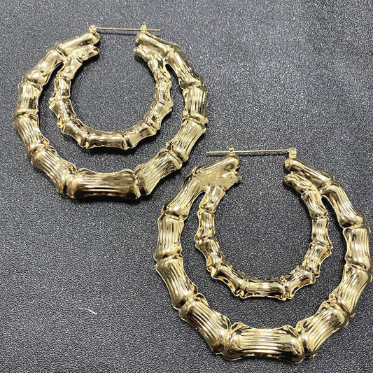 Double Bamboo Hoop Gold Plated Earrings-silviax