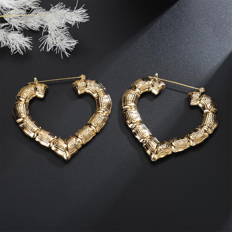 Gold Plated Chunky Bamboo Heart Hoop Earrings