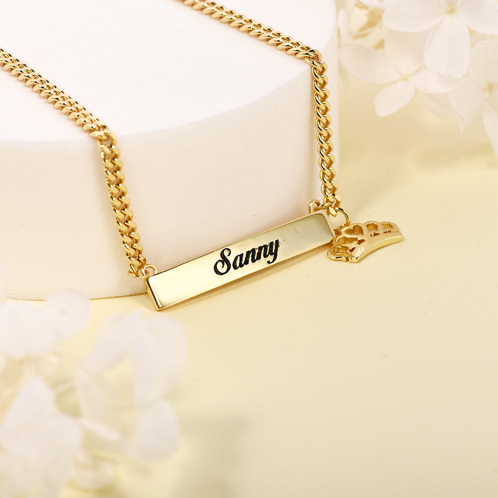 Gold Plated  Personalized Engraved Bar Name Necklace with Crown Pendant-silviax