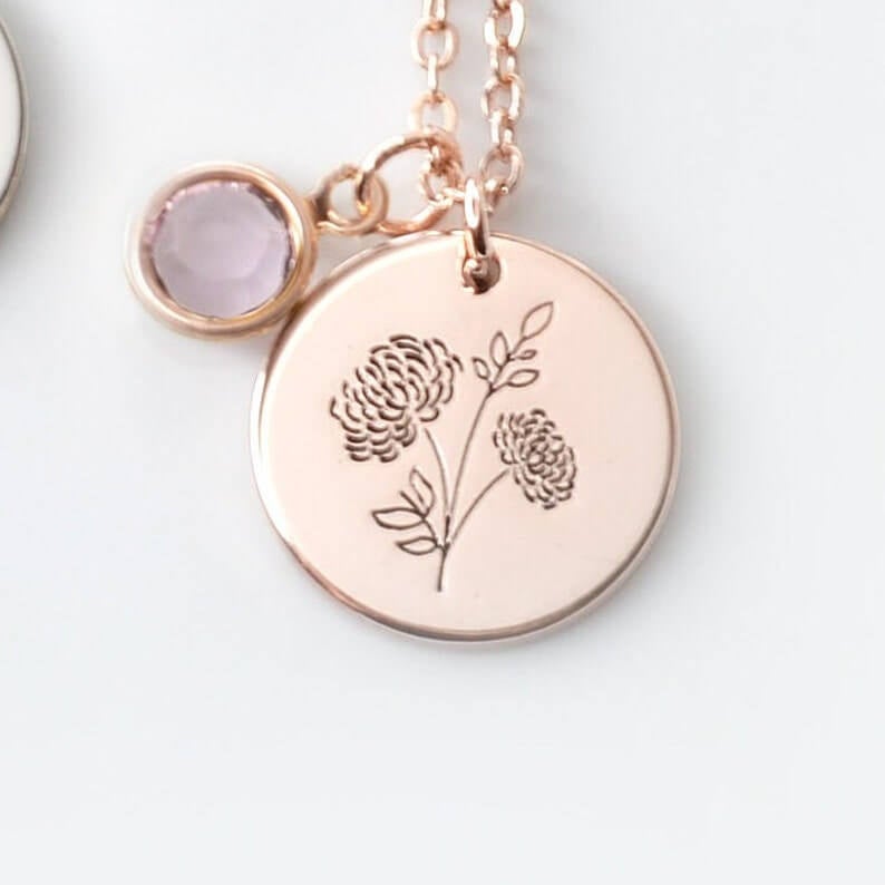 Birth Flower with Birthstone Personalized Necklace Custom Gold Plated Round Plate Engraved Necklace-silviax