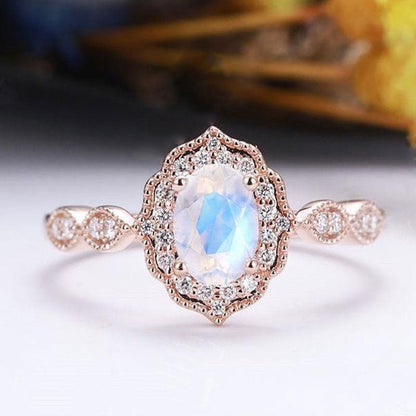 Rose Gold Oval Cut Moonstone Engagement Ring In Sterling Silver-Maxinejewelry