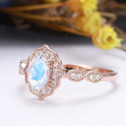 Rose Gold Oval Cut Moonstone Engagement Ring In Sterling Silver-Maxinejewelry