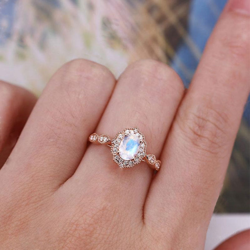 Rose Gold Oval Cut Moonstone Engagement Ring In Sterling Silver-Maxinejewelry