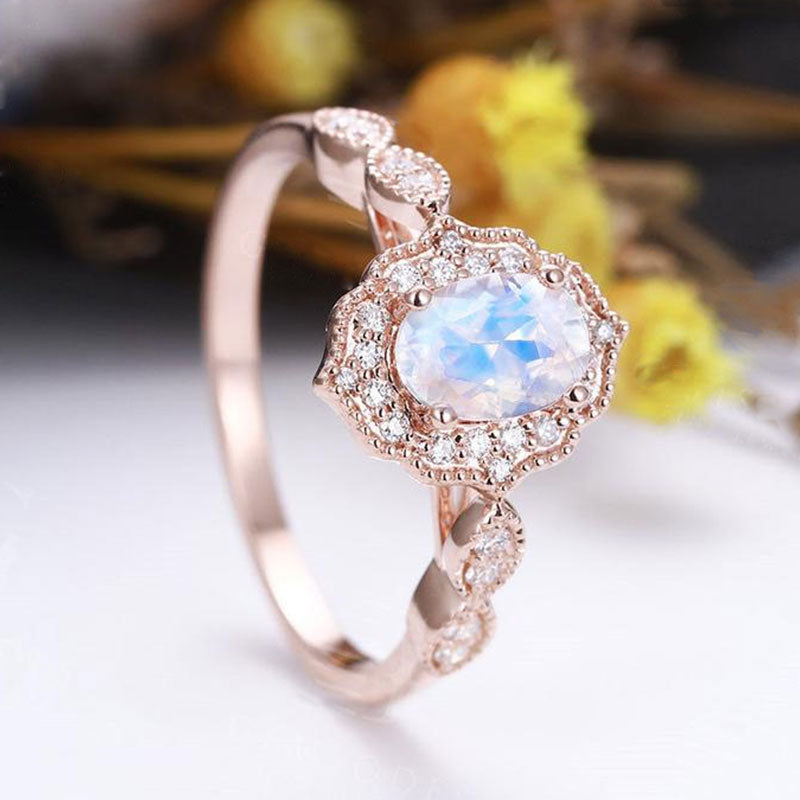 Rose Gold Oval Cut Moonstone Engagement Ring In Sterling Silver-Maxinejewelry