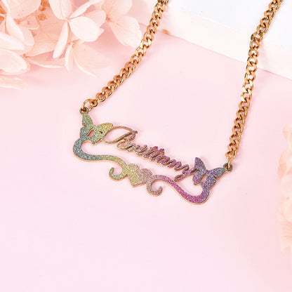 Bling Bling Colorful Two Butterfly with Heart Personalized Name Necklace-silviax