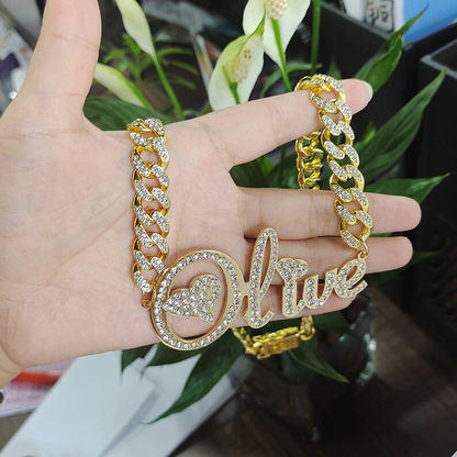 Icy Out Cuban Chain Personalized Gold Plated Name Necklace with Heart and Hoop Name Earrings-silviax