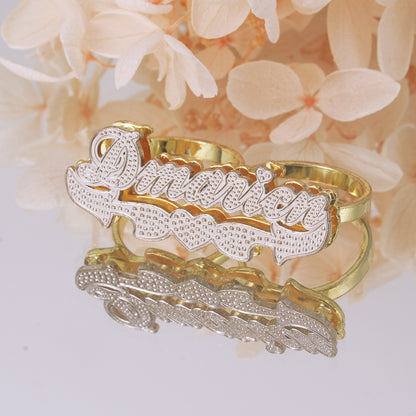 Double Layer Two Tone Double Finger with Heart Gold Plated Personalized Custom Name Ring-silviax