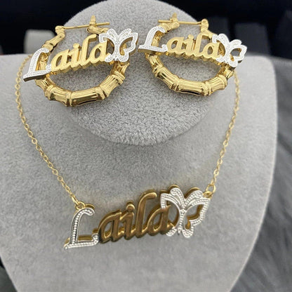 Double Layer Two Tone with Butterfly Personalized Custom Gold Plated Name Necklace and Bamboo Earrings Set