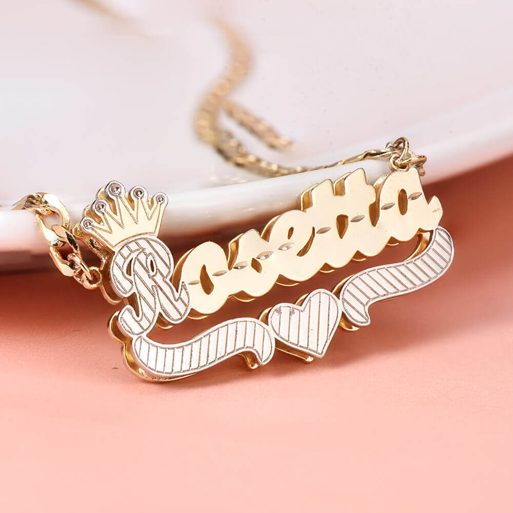 Double Layer Two Tone Nameplate Crown Heart Personalized Custom Gold Plated Name Necklace-silviax