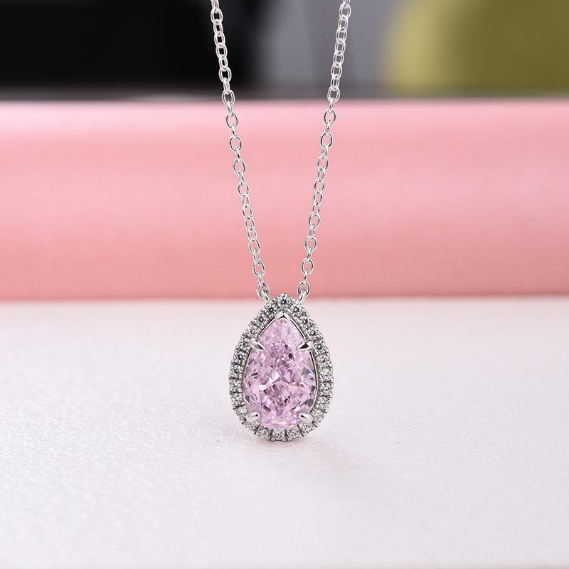 Elegant Halo Pear Cut Pink Sapphire Pendant with Necklace In Sterling Silver-Maxinejewelry