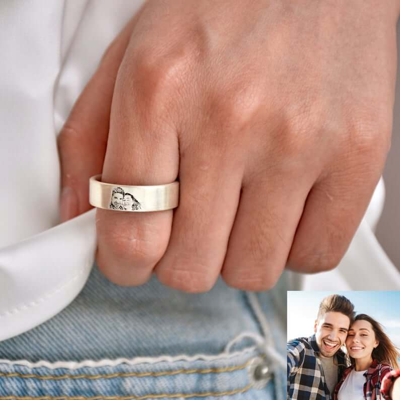 Engraving Photo and Lettering White Gold Personalized Custom Photo Ring-silviax