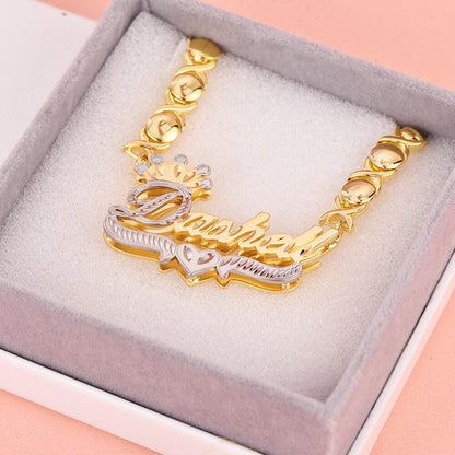 Double Layer Two Tone Nameplate with XOXO Chain and Crown Gold Plated Personalized Custom Name Necklace-silviax