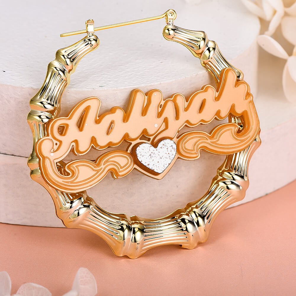 Double Layer Acrylic Love Heart Personalized Custom Bamboo Name Earrings