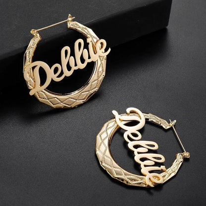 Diamond Shaped Pattern Personalized Custom Gold Plated Name Hoop Earrings