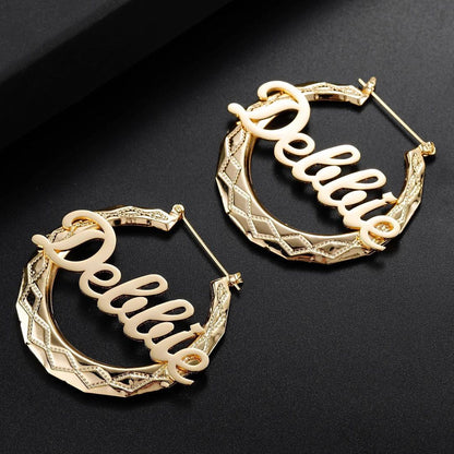 Diamond Shaped Pattern Personalized Custom Gold Plated Name Hoop Earrings