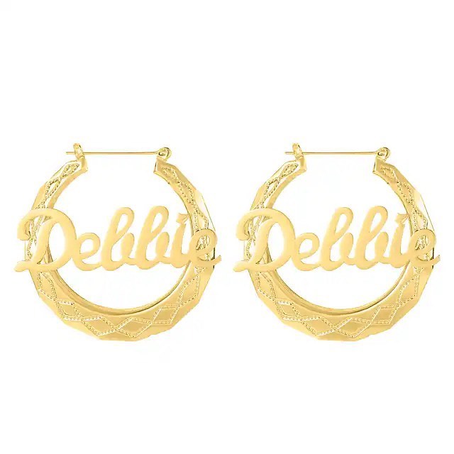 Diamond Shaped Pattern Personalized Custom Gold Plated Name Hoop Earrings-silviax