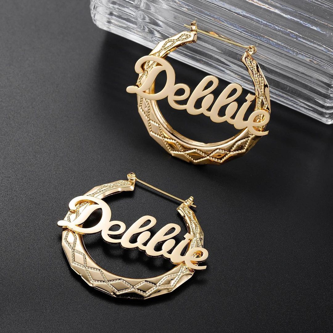 Diamond Shaped Pattern Personalized Custom Gold Plated Name Hoop Earrings