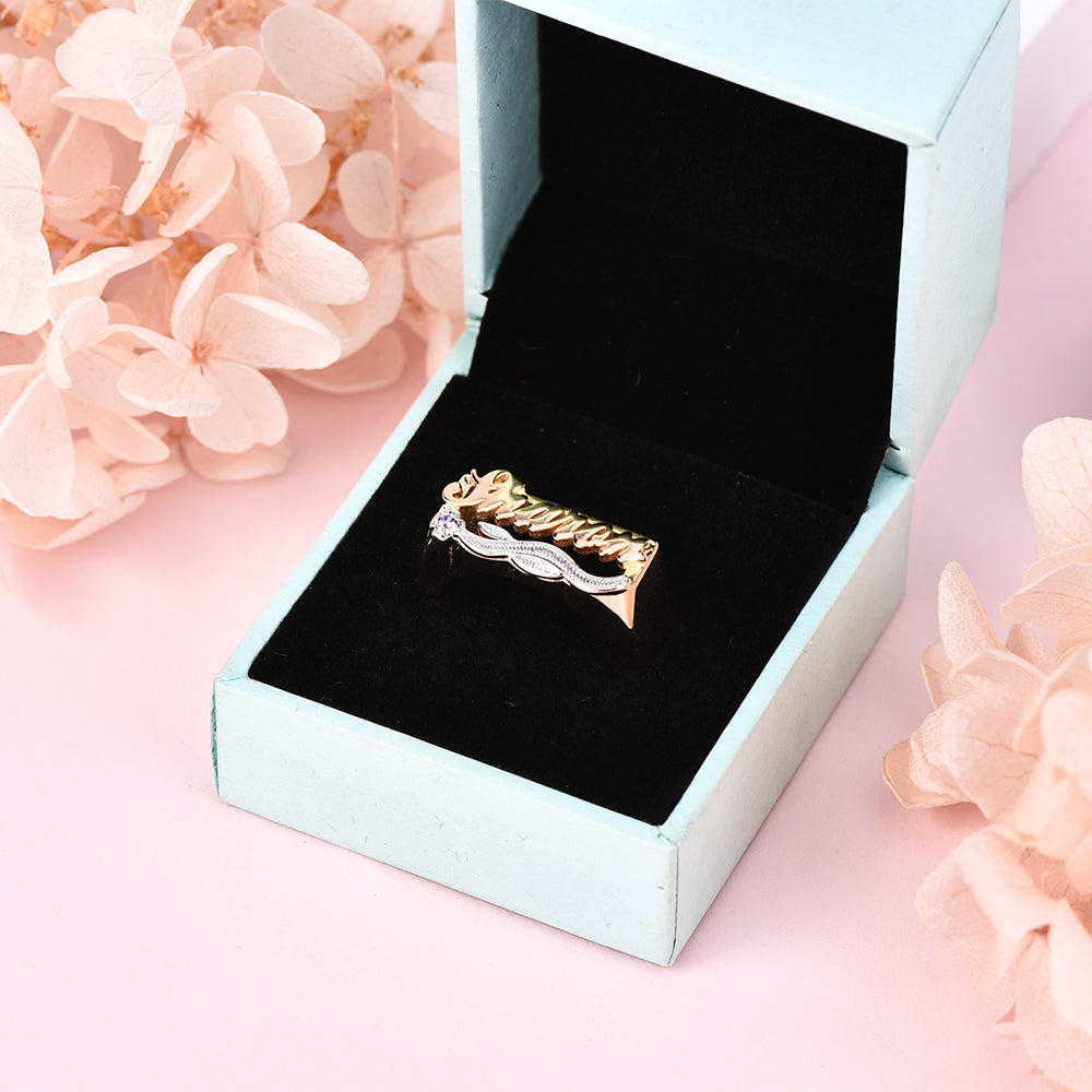 Two Tone Flower with Birthstone Personalized Custom Gold Plated Name Ring-silviax