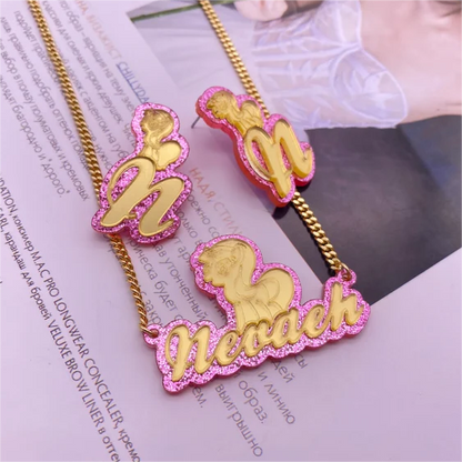 Pink Acrylic Unicorn Custom Name Necklace and Stud Earrings Set Kids Gift-silviax