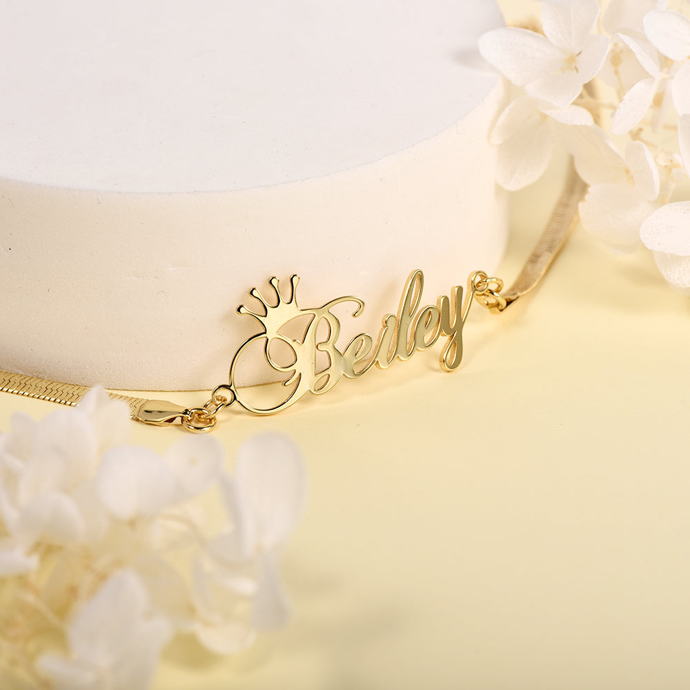 Snake Chain Personalized Custom Gold Plated Crown Name Bracelet-silviax