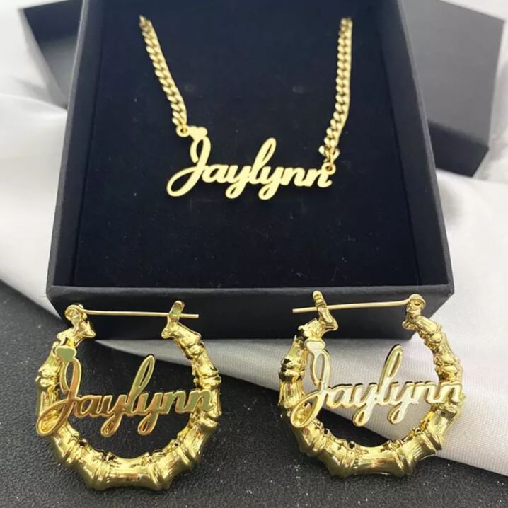 Personalized Custom Gold Plated Nameplate with Heart Jewelry Set Name Necklace and Hoop Earrings Christmas Gift