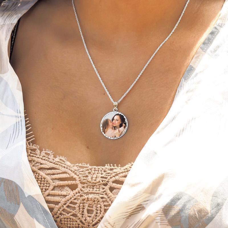 Round Diamond Cut Pendant White Gold Personalized Photo Necklace