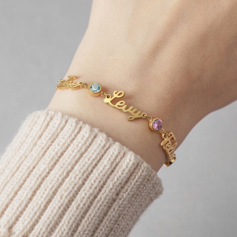 2 To 4 Names with Birthstone Personalized Custom Gold Plated  Name Bracelet-silviax