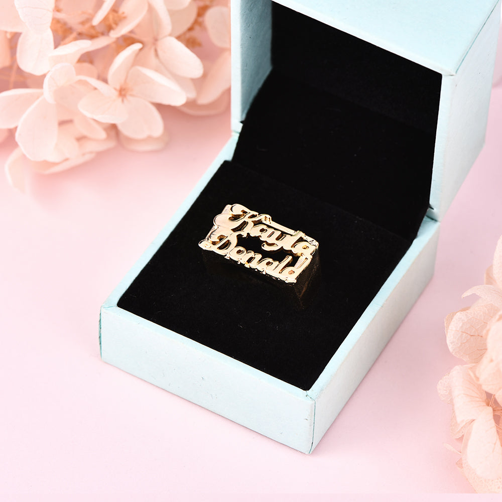 Two Name Personalized Custom Gold Plated Nameplate Couple Ring Gifts For Her-silviax