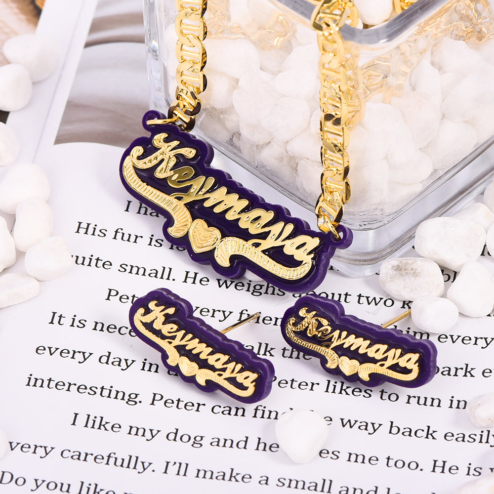 Purple Acrylic with Heart Double Layer Personalized Custom Gold Plated Name Necklace And Name Stud Earring Set-silviax