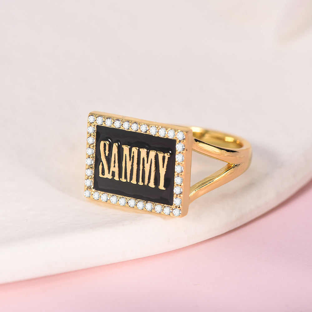 Personalized CZ Rectangle Black Enamel Name Signet Ring-silviax