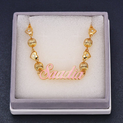 Pink Enamel With Round Beads And Heart Personalized Custom Gold Plated Name Bracelet-silviax