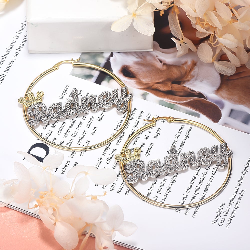 Crown Two Tone Personalized Custom Gold Plated Name Hoop Earrings