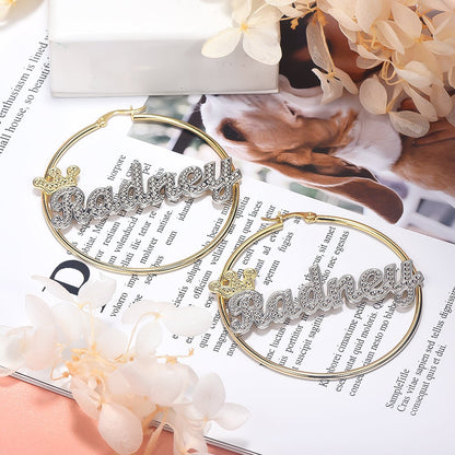 Crown Two Tone Personalized Custom Gold Plated Name Hoop Earrings