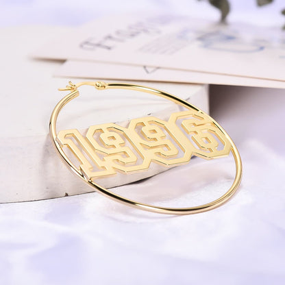 Hollow Number Year Nameplate Personalized Custom Gold Plated 60mm Hoop Earrings