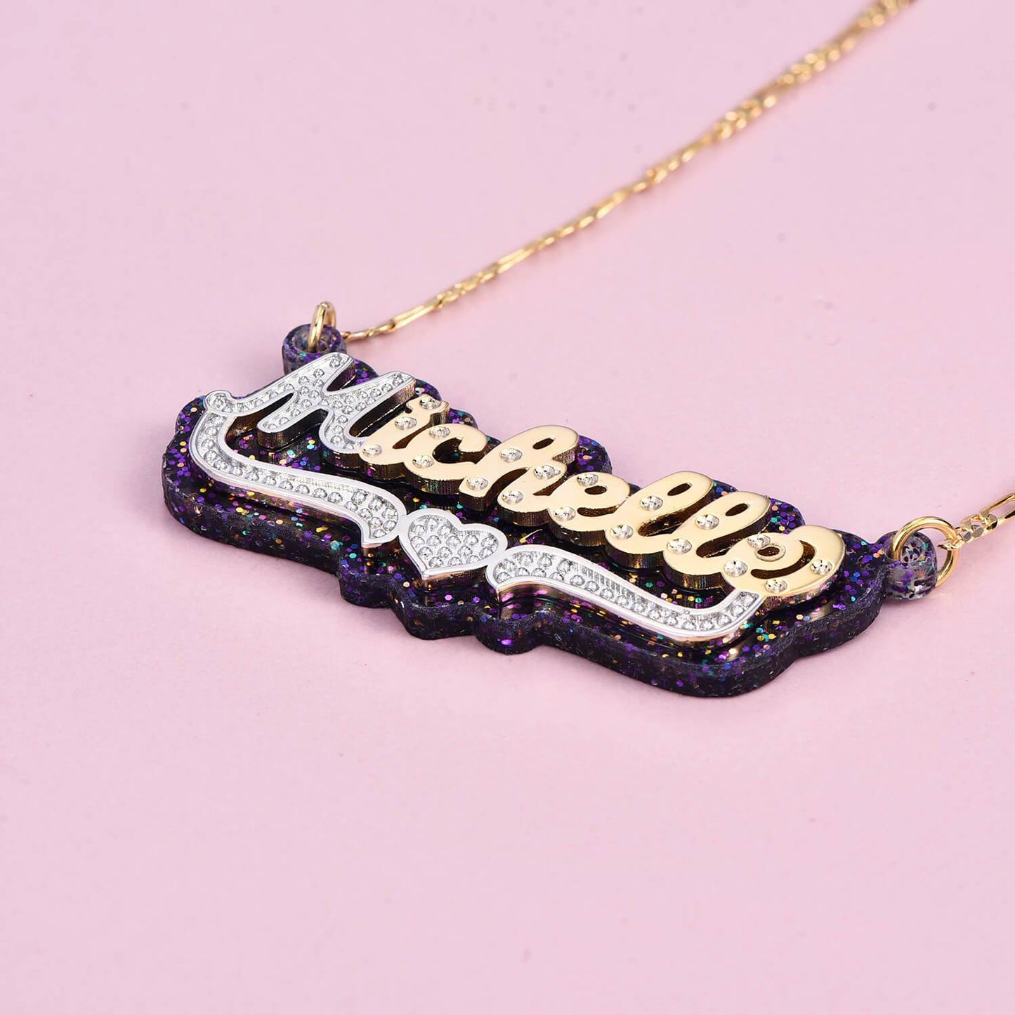 Double Layer Purple Acrylic Two Tone Heart Personalized Custom Gold Plated Name Necklace-silviax