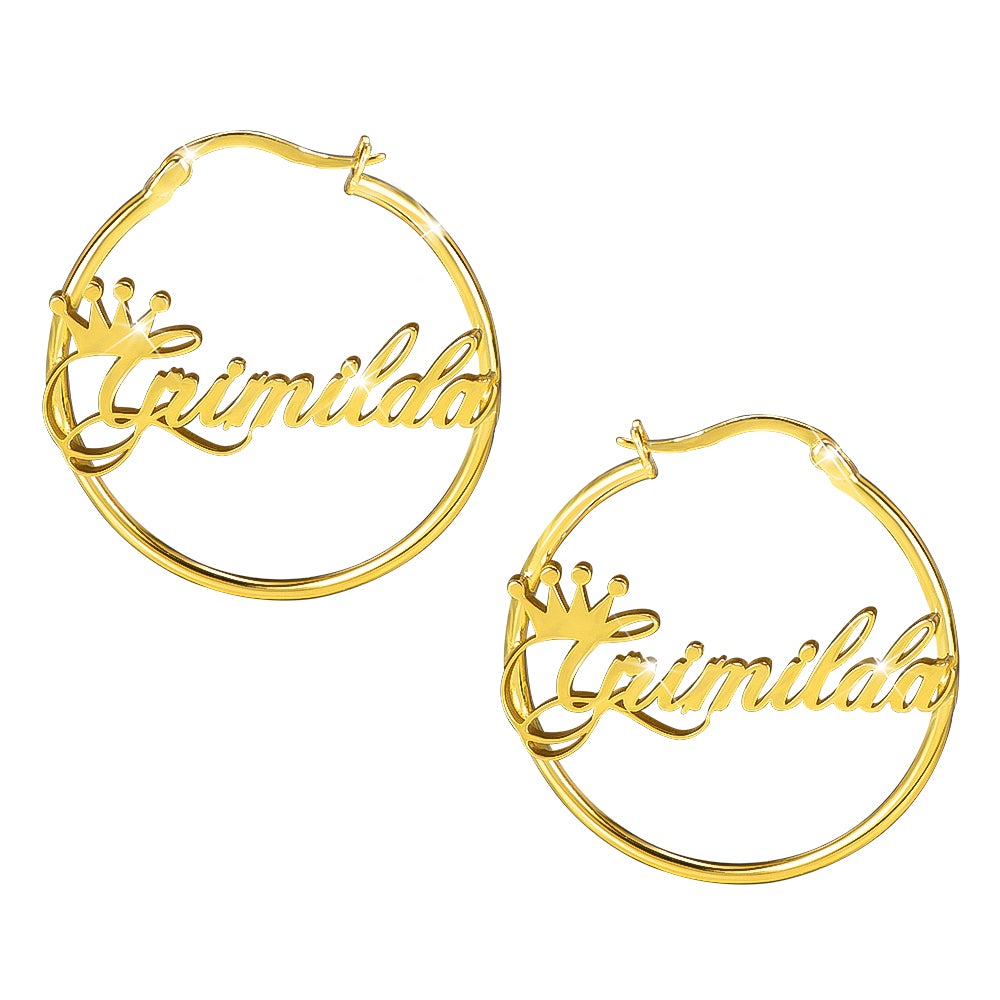 Gold Plated Crown Hoop Personalized Name Earrings-silviax