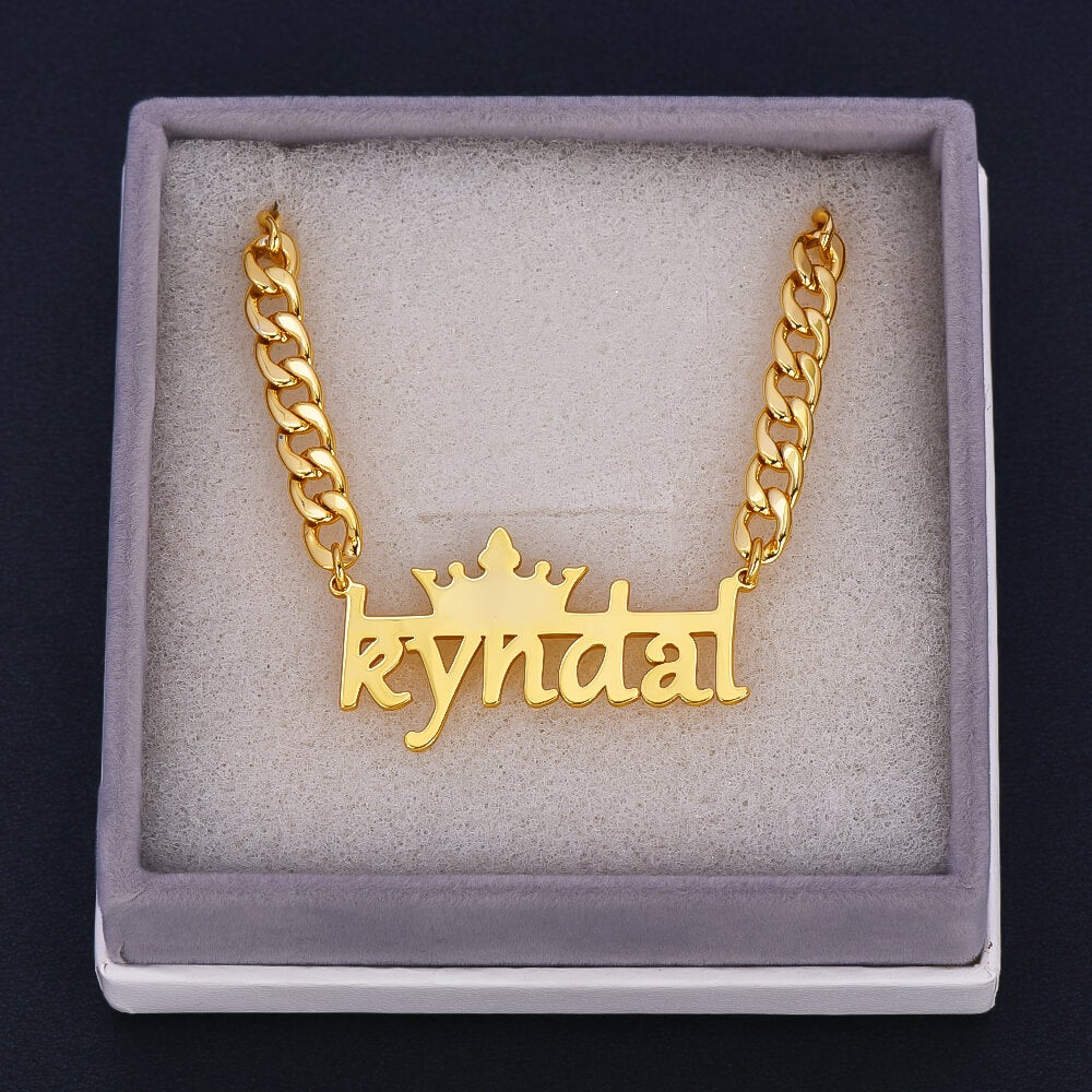 Crown And Horizontal Line With Cuban Chain Personalized Custom Gold Plated Name Necklace-silviax