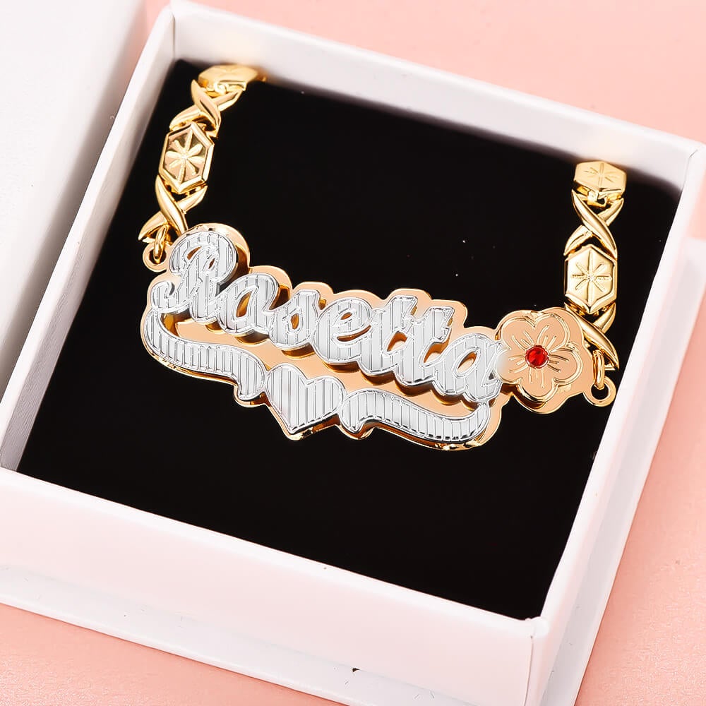 Double Plate Two Tone Birthstone Flower and Heart with XOXO Chain Personalized Custom Gold Plated Name Bracelet-silviax