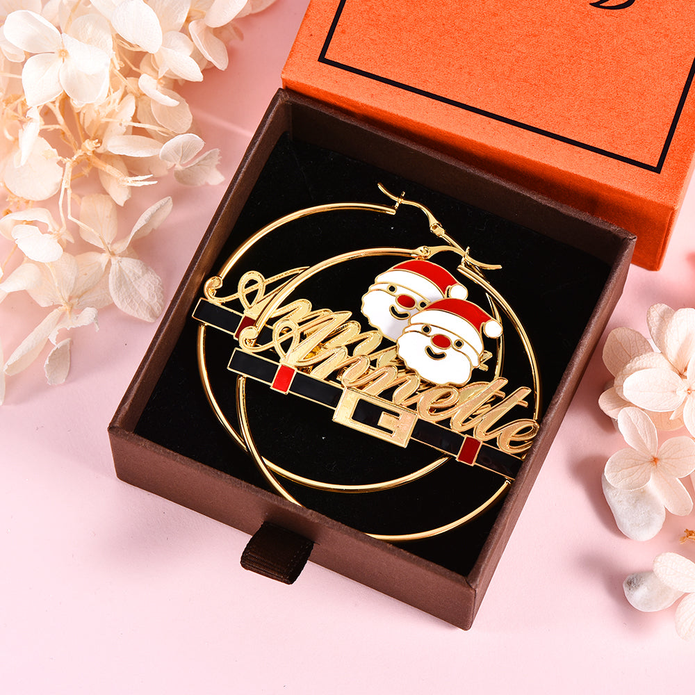 Cartoon Christmas Father Santa Nameplate Hoop Earrings Gold Plated Name Earrings