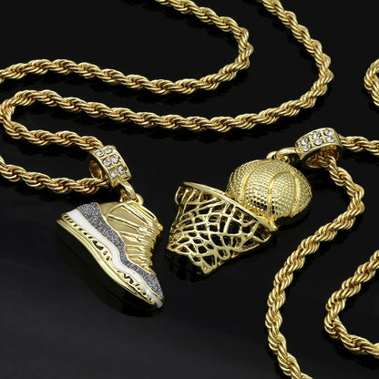 Hip Hop Retro Shoes Pendant &amp; Basketball Basketball Hoop Pendant Gold Plated Necklace