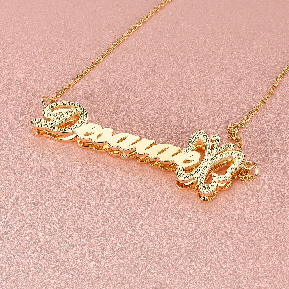 Double Layer with Butterfly Personalized Custom 3D Name Necklace Gold Plated Jewelry-silviax