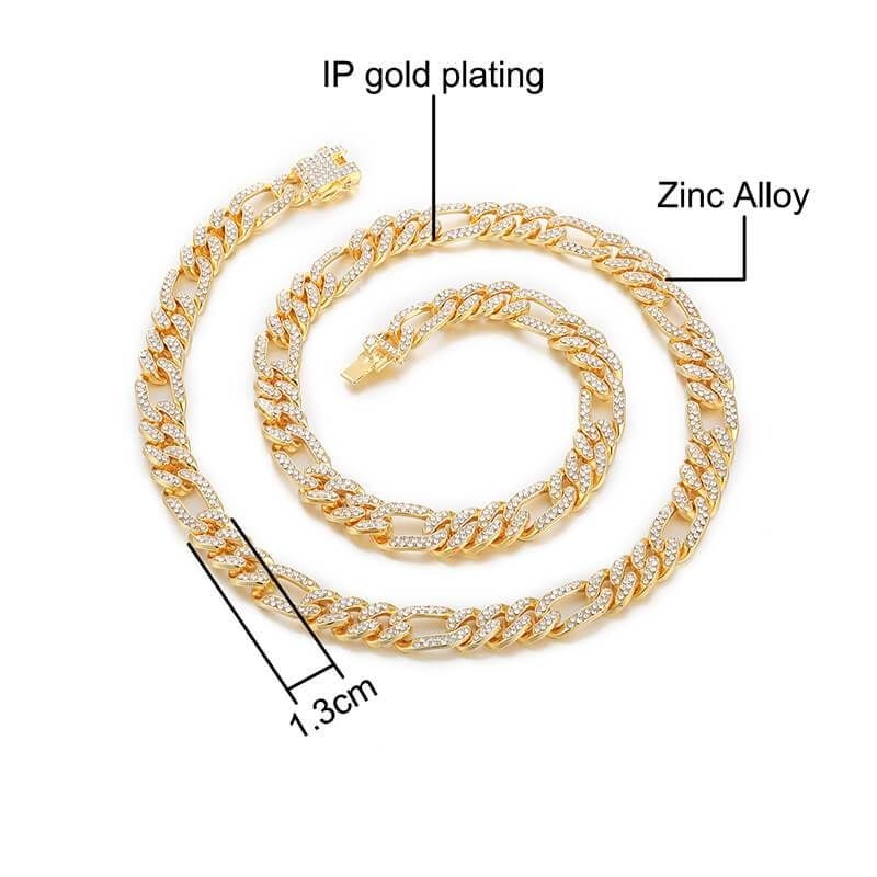 13mm Figaro Link Chain Iced Out Paved Rhinestones Gold Plated Necklace-silviax