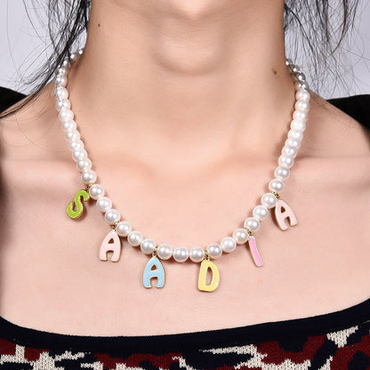 Color Enamel Capital Letter Pendant With Pearl Chain Personalized Custom Gold Plated Name Necklace