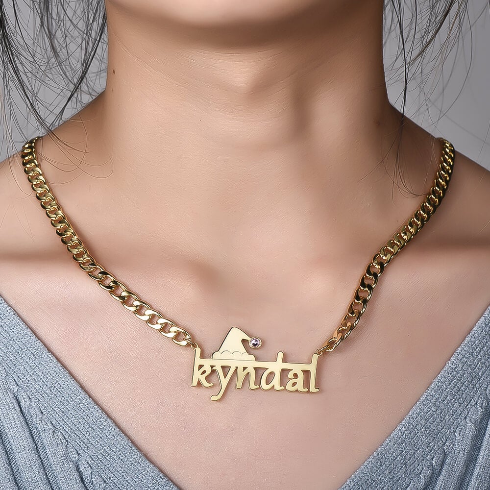 Christmas Hat With Birthstone And Horizontal Line Cuban Chain Personalized Custom Gold Plated Name Necklace-silviax