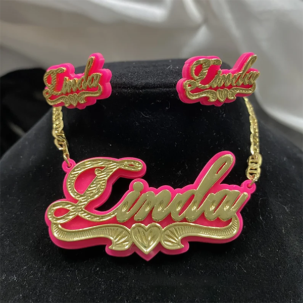 Pink Acrylic with Heart Personalized Custom Gold Plated Name Necklace And Name Stud Earring Set-silviax