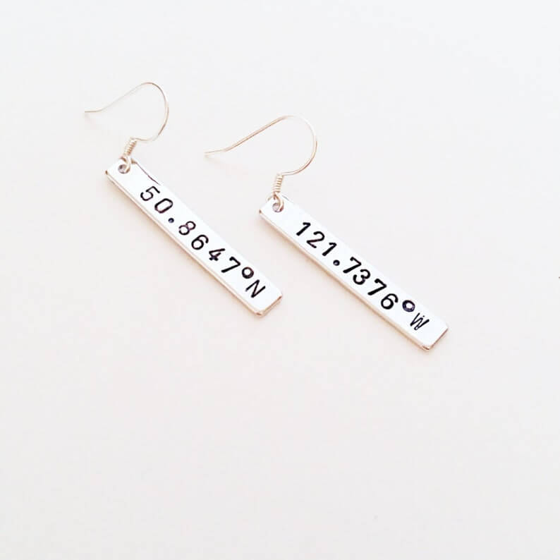 Bar Coordinates Earrings Personalized Custom White Gold Earrings