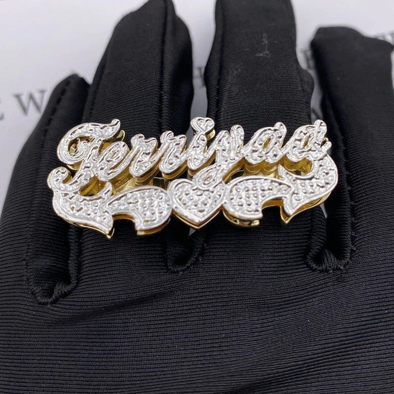 Double Layer Two Tone Double Finger with Heart Gold Plated Personalized Custom Name Ring-silviax