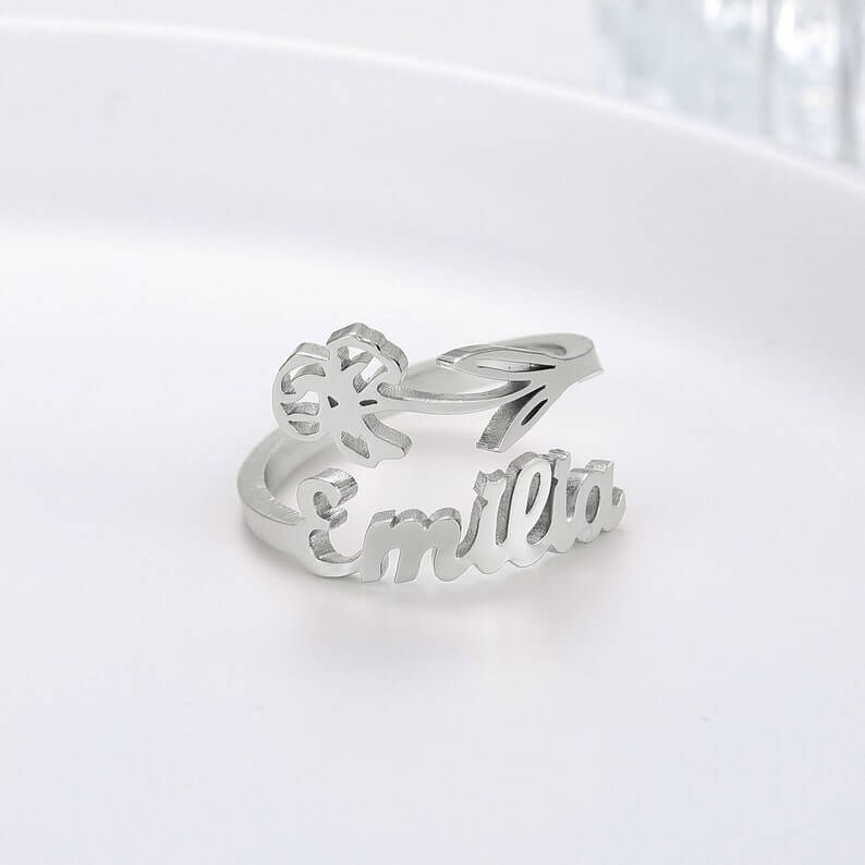 Birth Flower Personalized Custom Gold Plated Name Ring-silviax