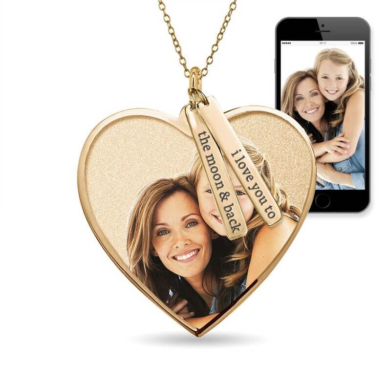 Heart Photo Pendant with Engraved Bar Personalized Custom White Gold Photo Necklace-silviax