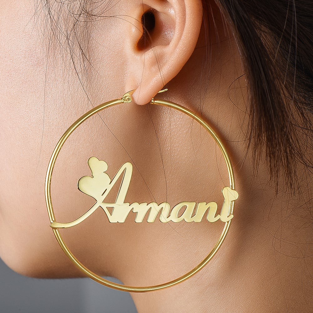 Gold Plated Personalized Love Font Hoop Name Earrings-silviax